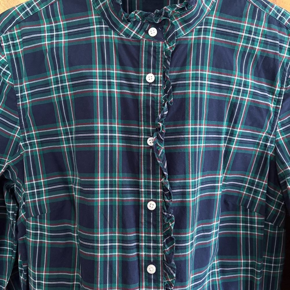 Talbots Green Blue Plaid Button Down Blouse Top 12 Ruffle High Neck Modest Fall - Picture 13 of 15